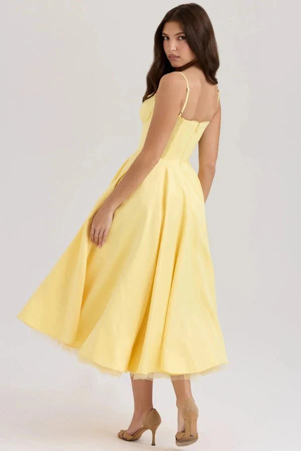 Corset Midi Dress with Sweetheart Neckline and Full Skirt