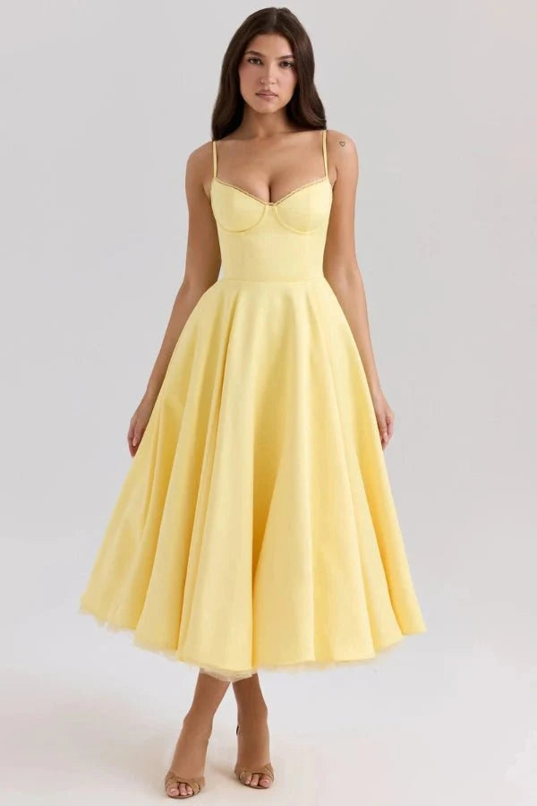 Corset Midi Dress with Sweetheart Neckline and Full Skirt
