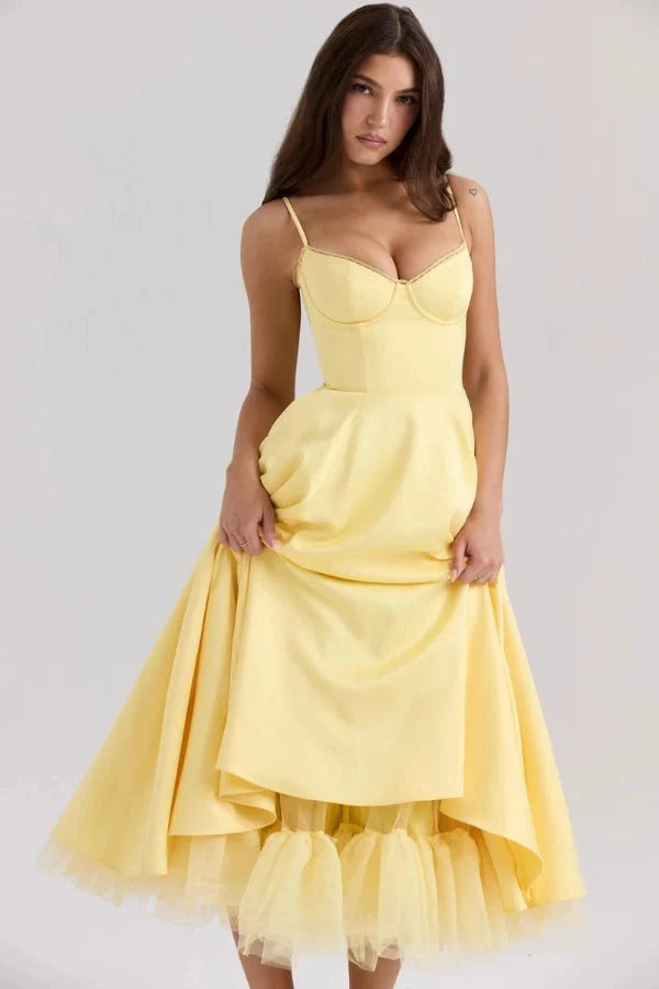 Corset Midi Dress with Sweetheart Neckline and Full Skirt