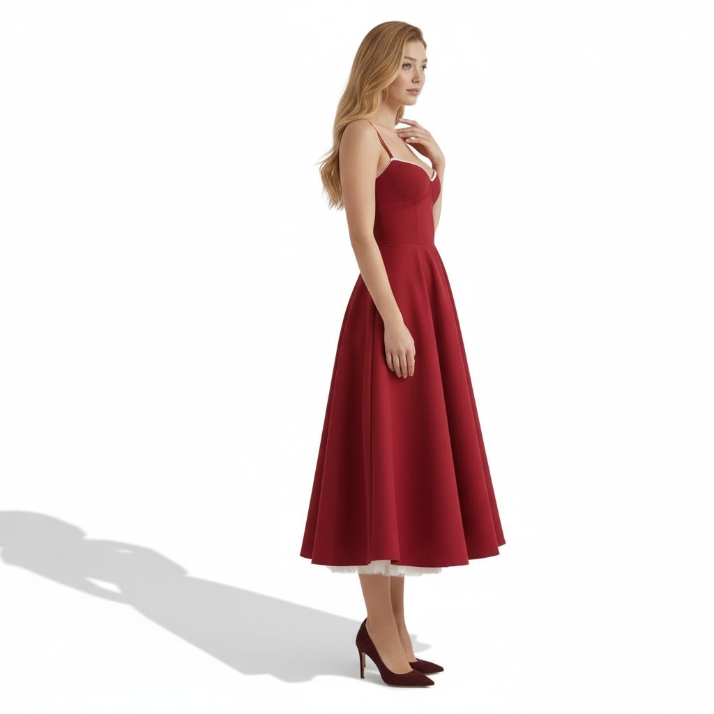 Corset Midi Dress with Sweetheart Neckline and Full Skirt