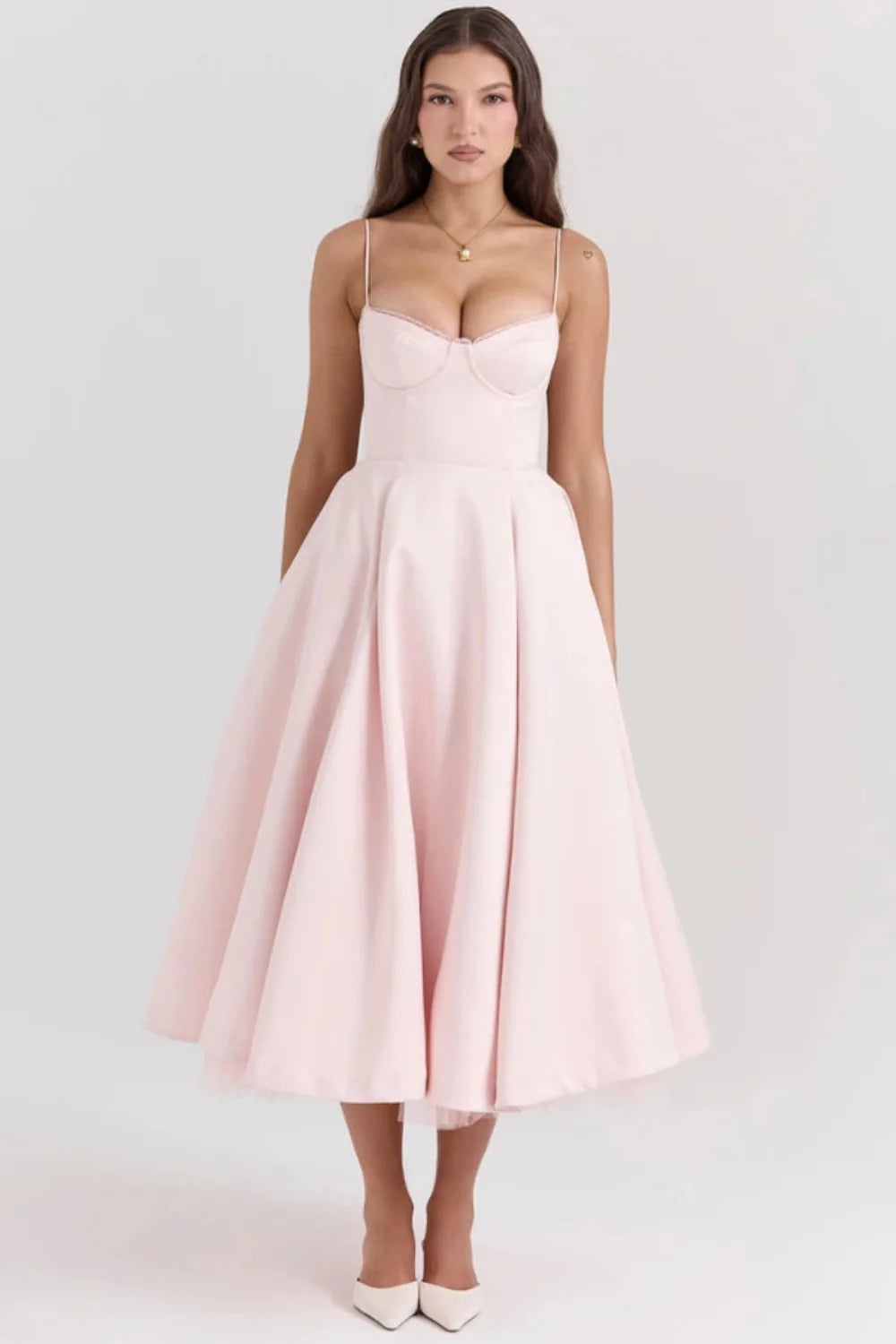 Corset Midi Dress with Sweetheart Neckline and Full Skirt