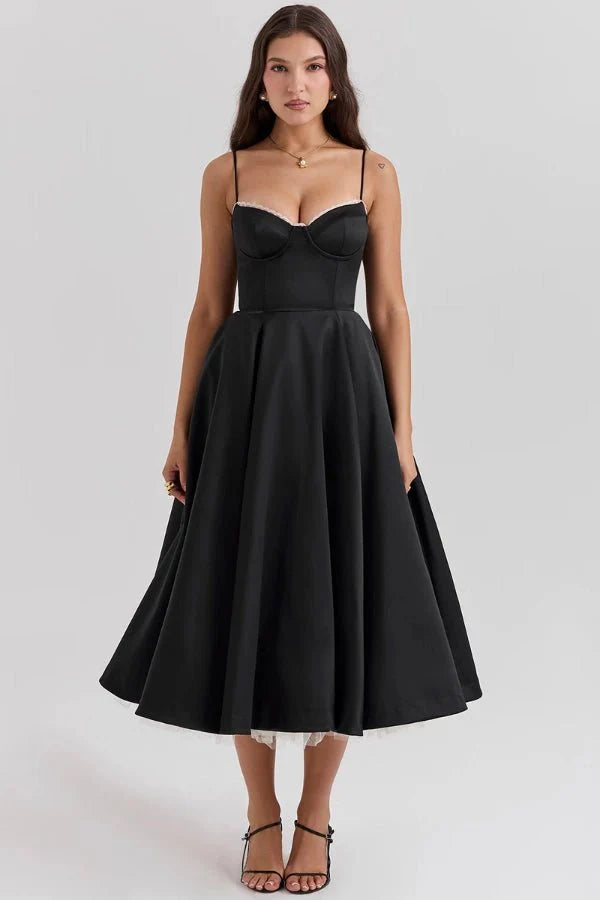 Corset Midi Dress with Sweetheart Neckline and Full Skirt