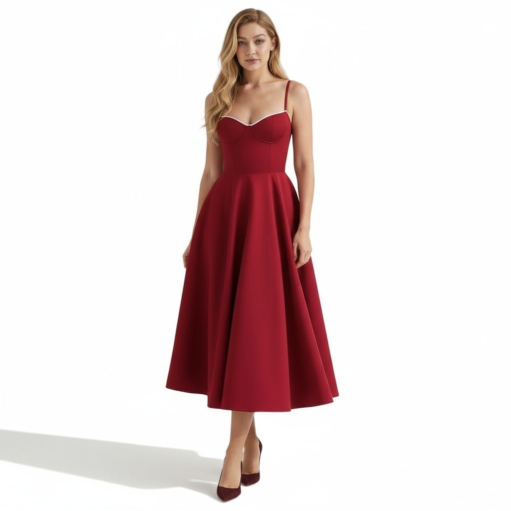 Corset Midi Dress with Sweetheart Neckline and Full Skirt