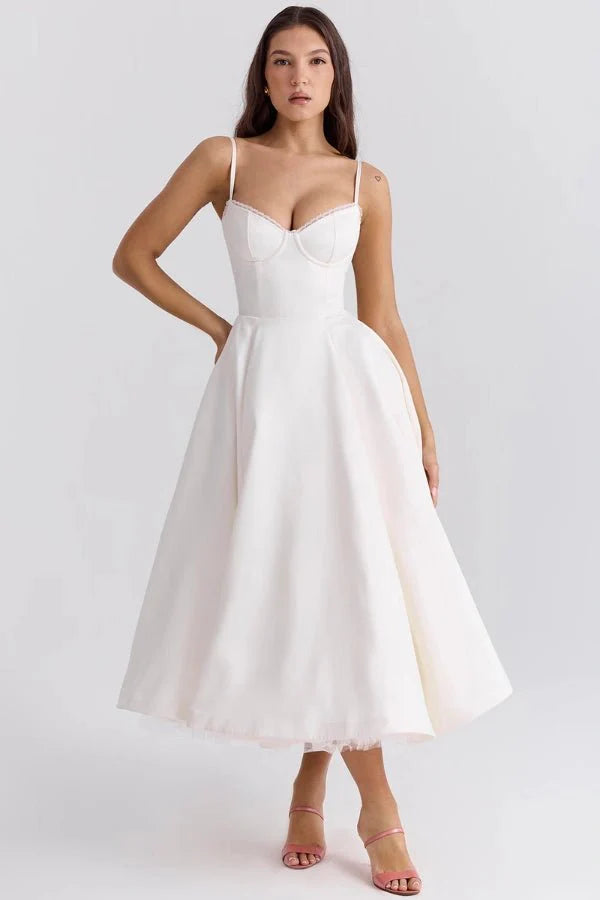 Corset Midi Dress with Sweetheart Neckline and Full Skirt