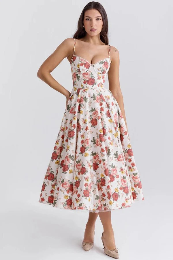 Corset Midi Dress with Sweetheart Neckline and Full Skirt