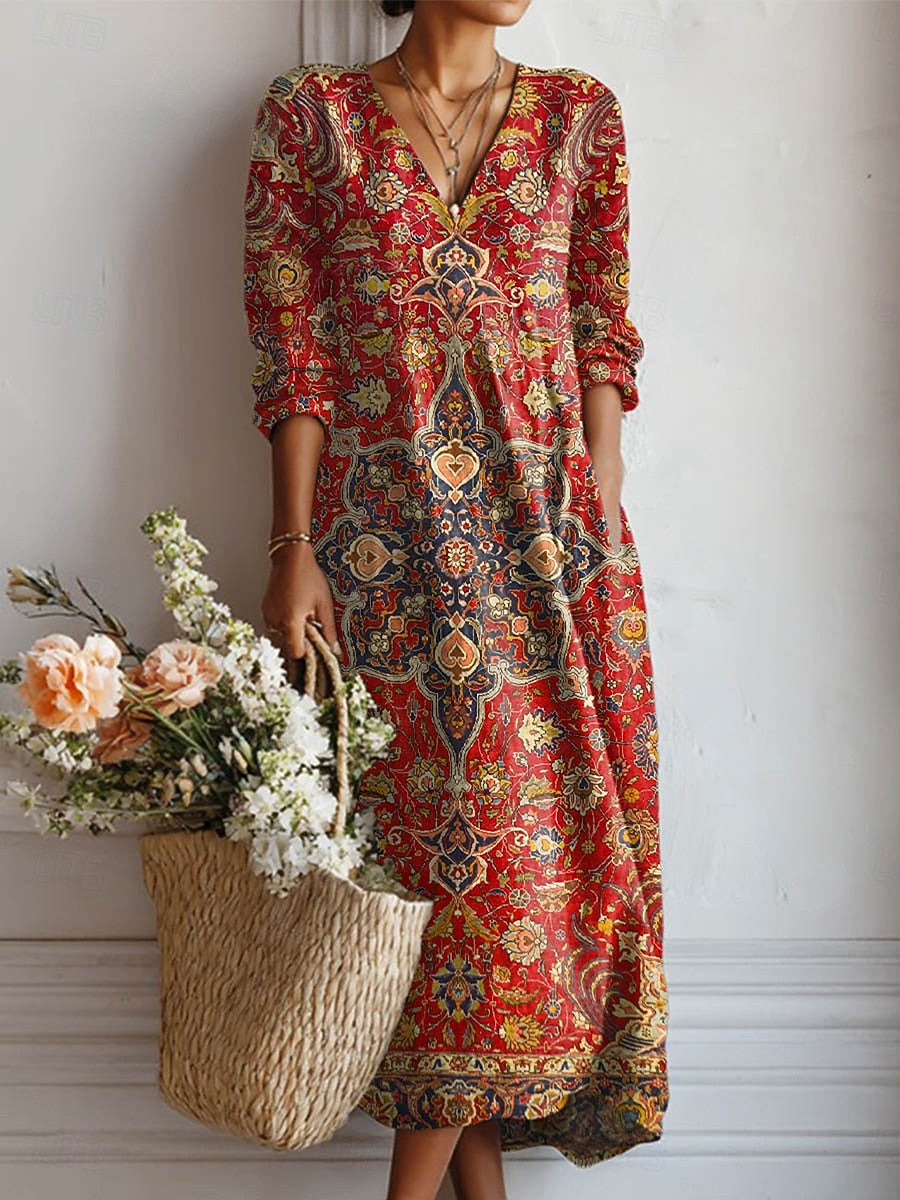 Floral Print Midi Dress with V-Neckline