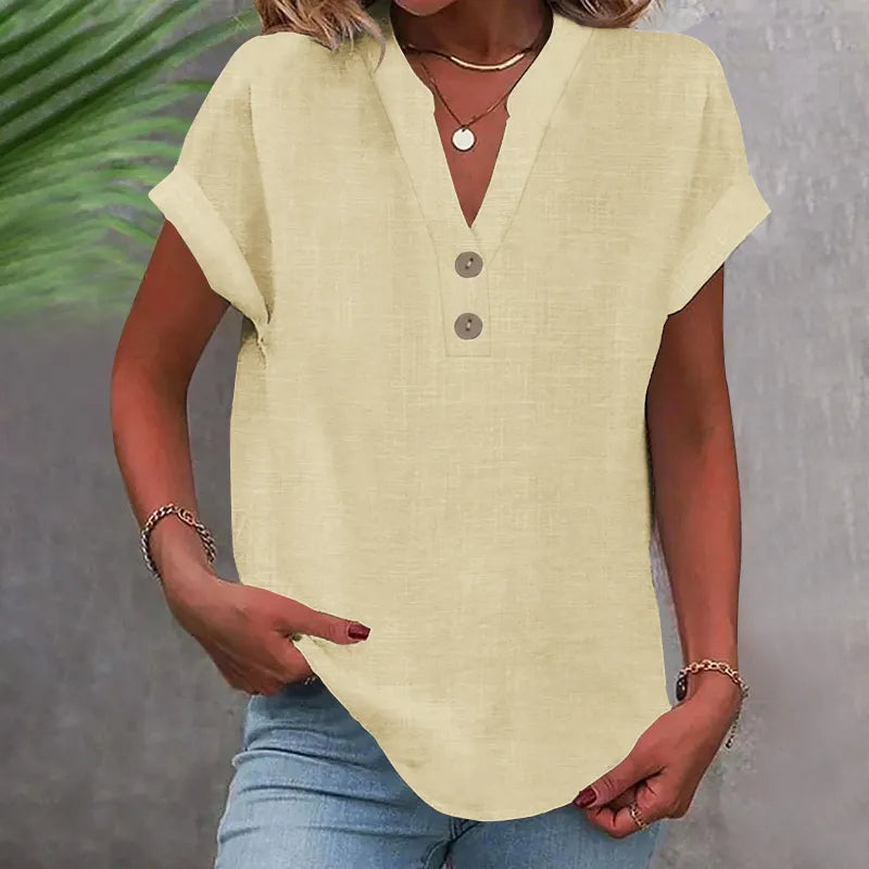 V-Neck Button Blouse with Rolled Sleeves