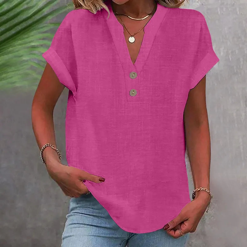 V-Neck Button Blouse with Rolled Sleeves