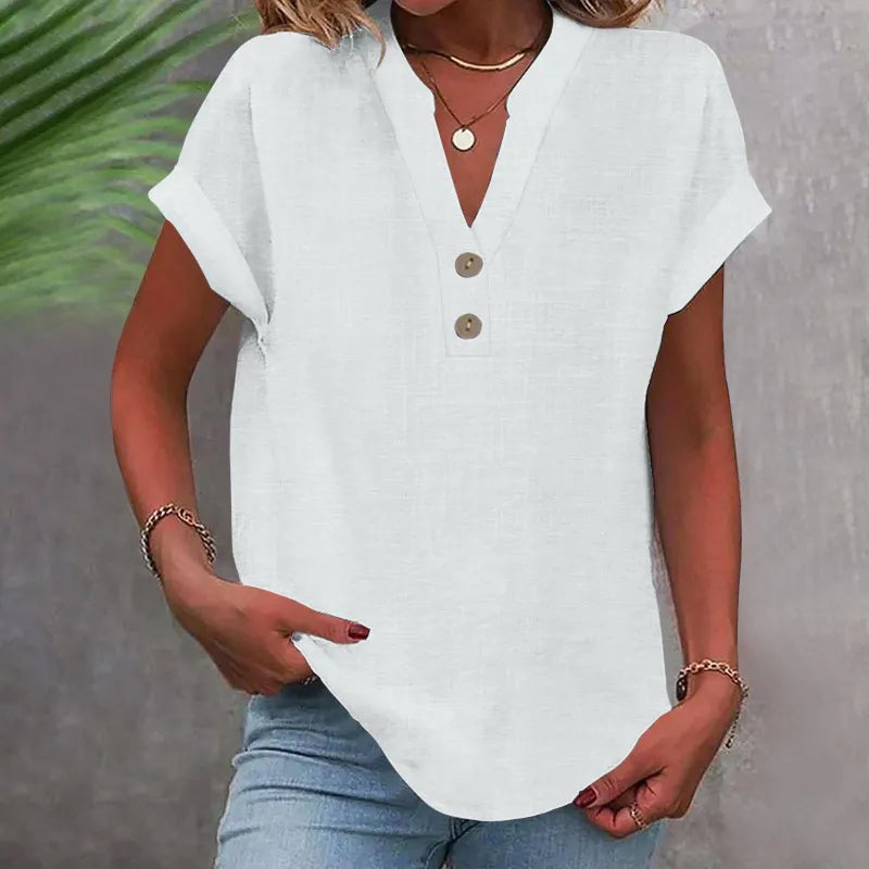 V-Neck Button Blouse with Rolled Sleeves