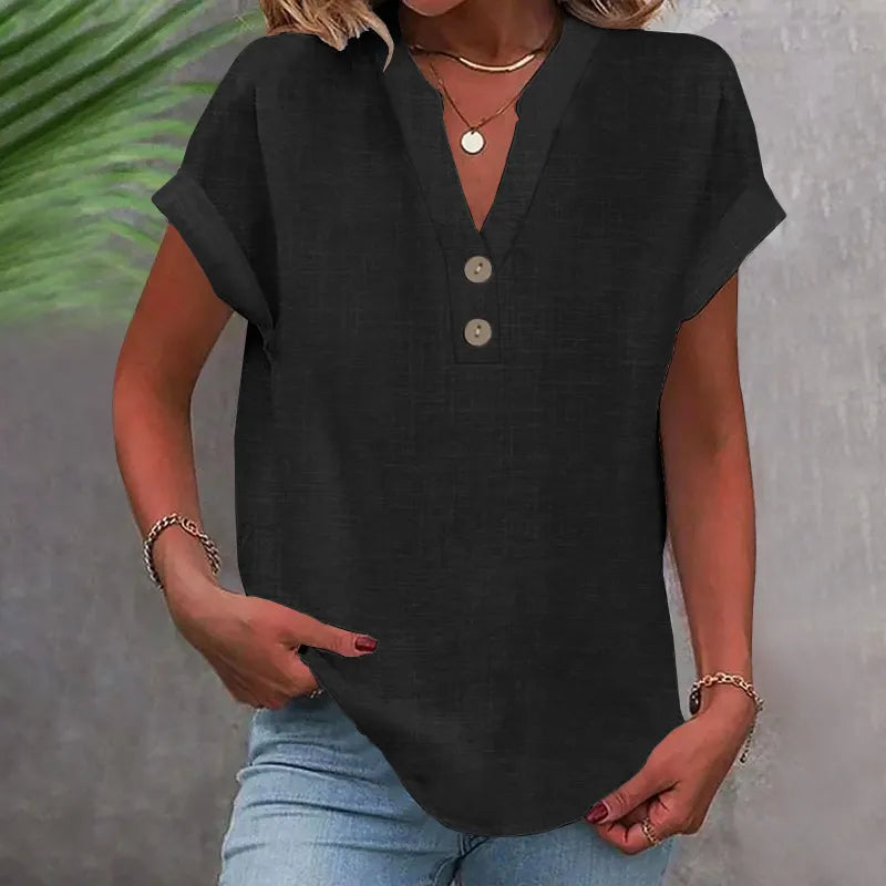 V-Neck Button Blouse with Rolled Sleeves