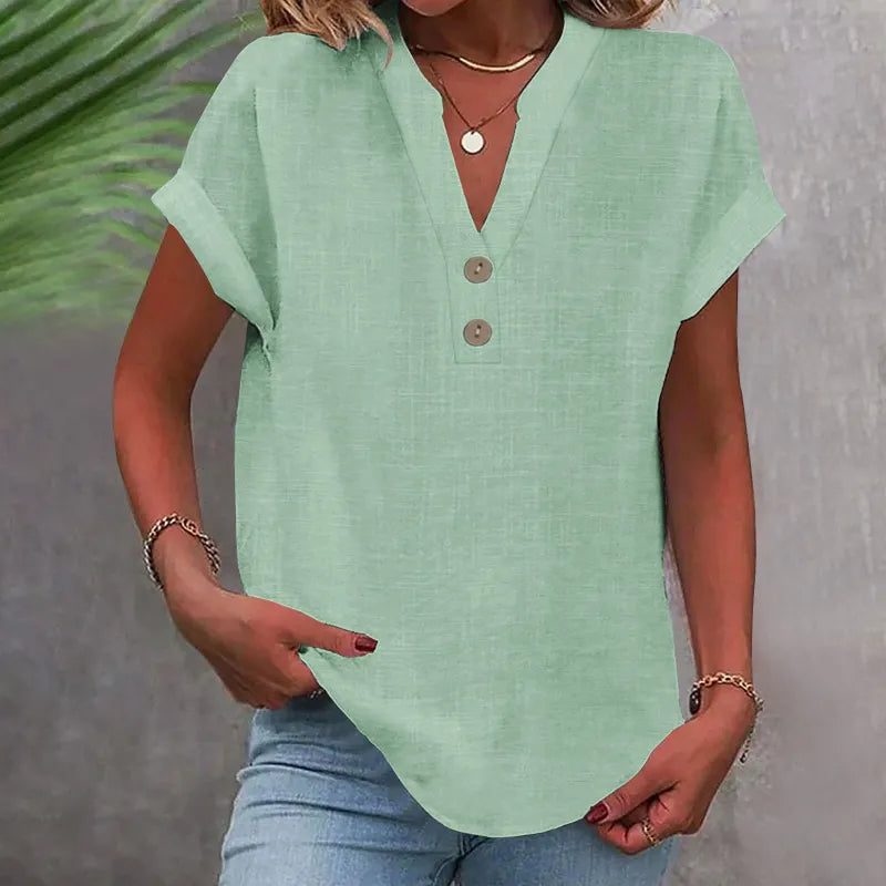 V-Neck Button Blouse with Rolled Sleeves
