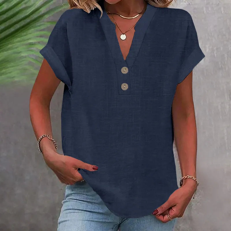 V-Neck Button Blouse with Rolled Sleeves