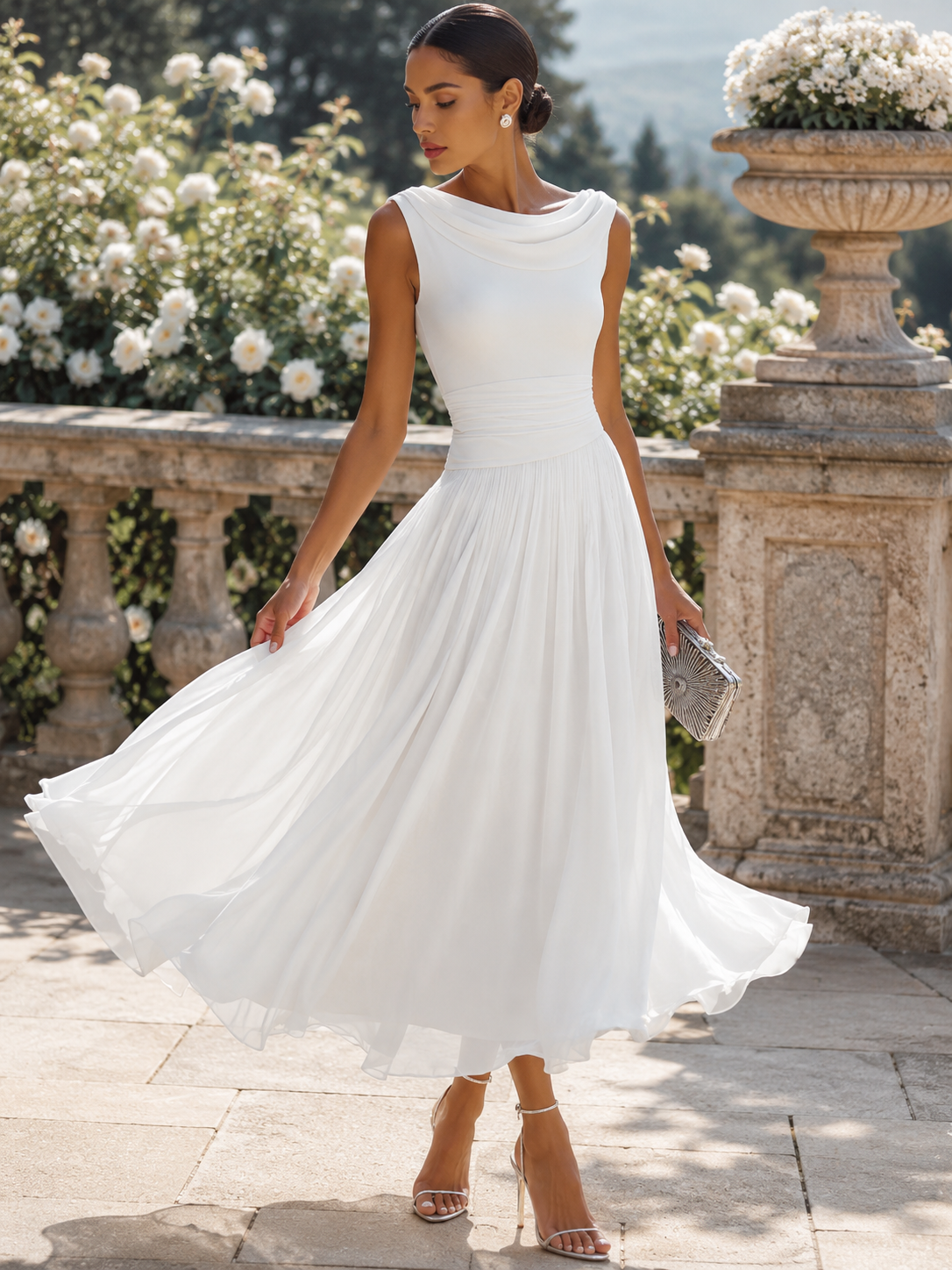 Chiffon Midi Dress with Draped Cowl Neckline