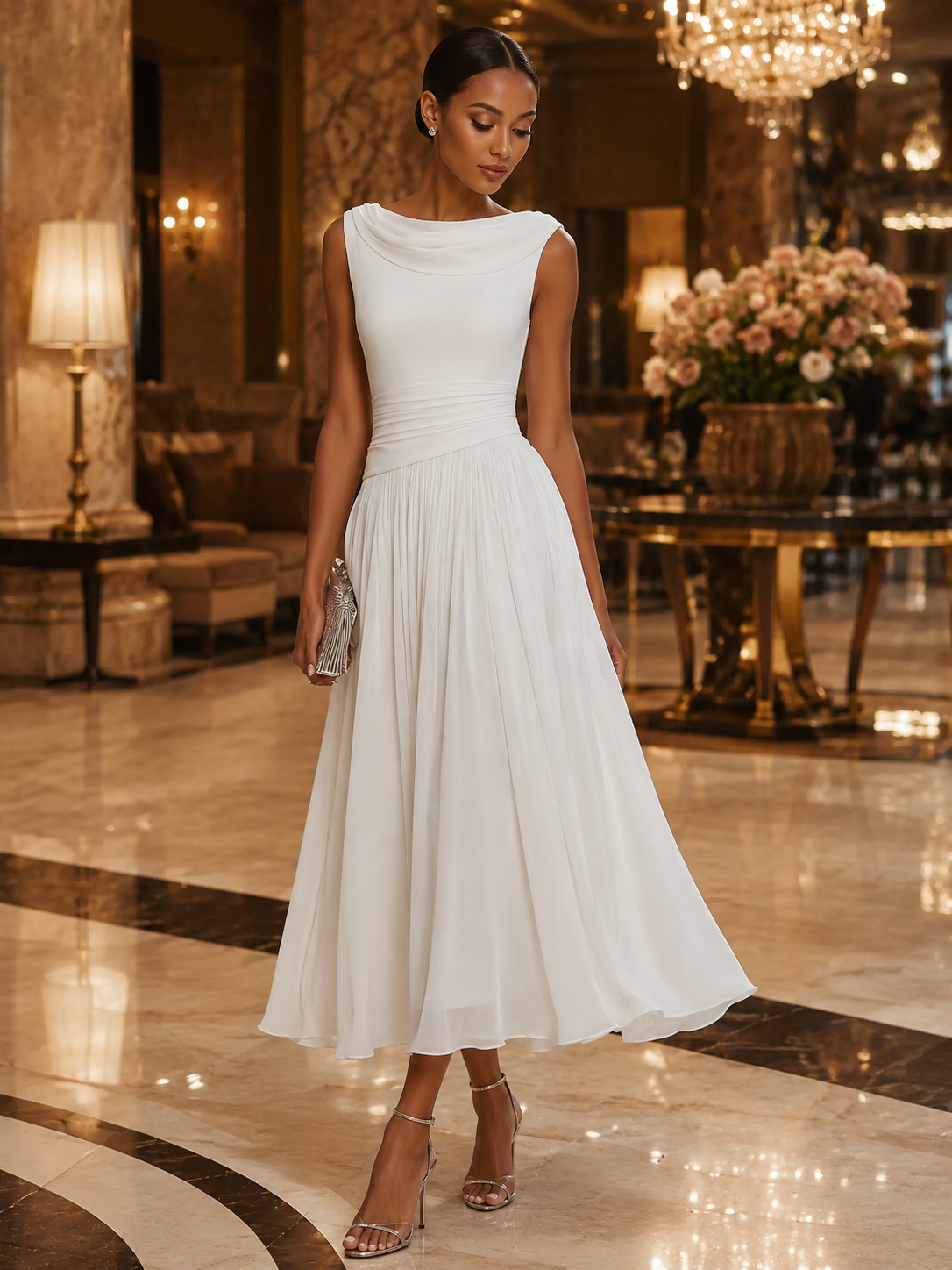 Chiffon Midi Dress with Draped Cowl Neckline