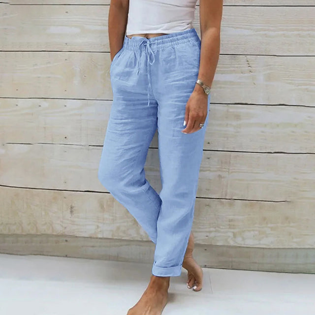 Women's Straight Leg Linen Trousers with Drawstring