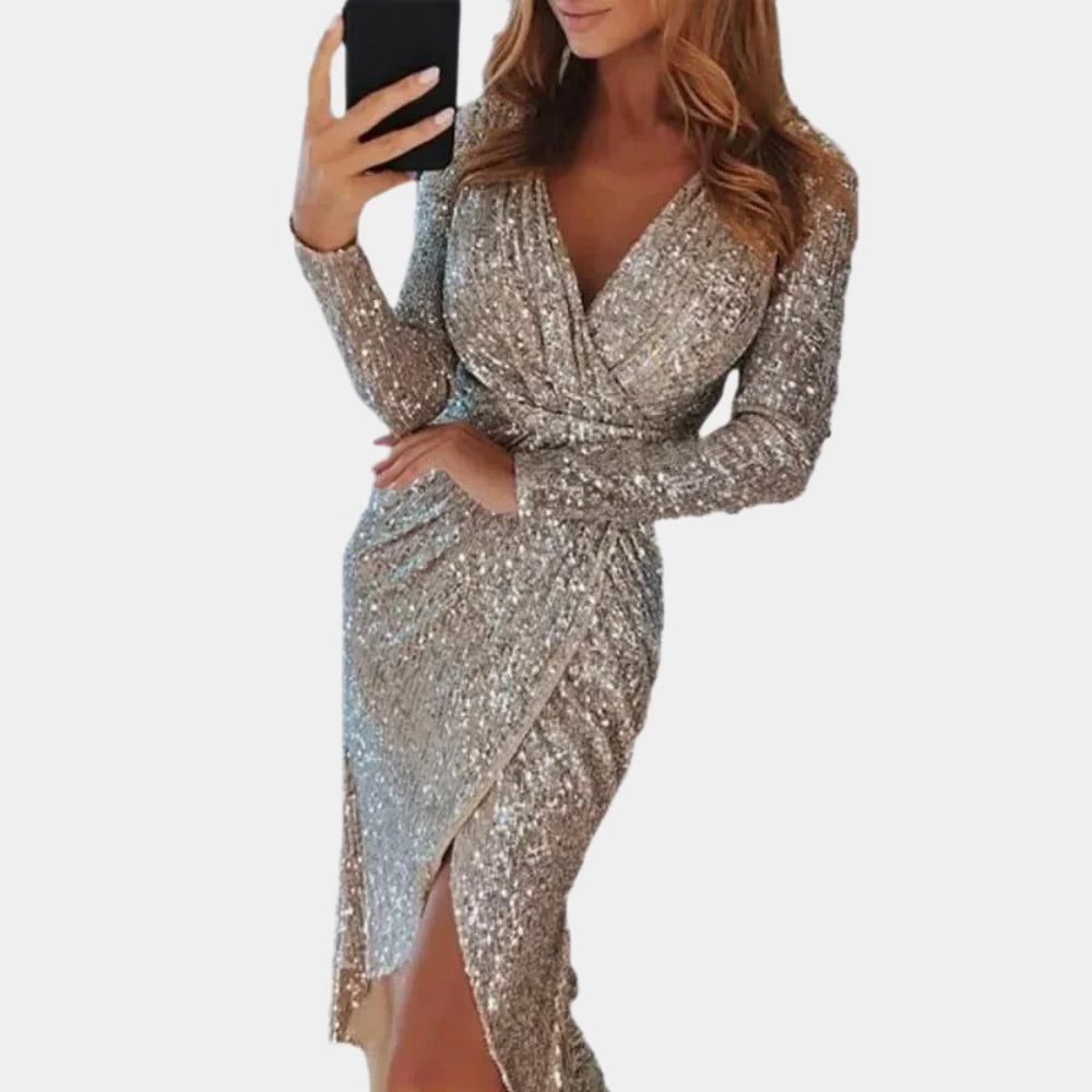 Women's Sequin Wrap Midi Dress | V-Neck Long Sleeve