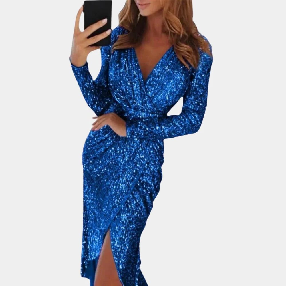 Women's Sequin Wrap Midi Dress | V-Neck Long Sleeve
