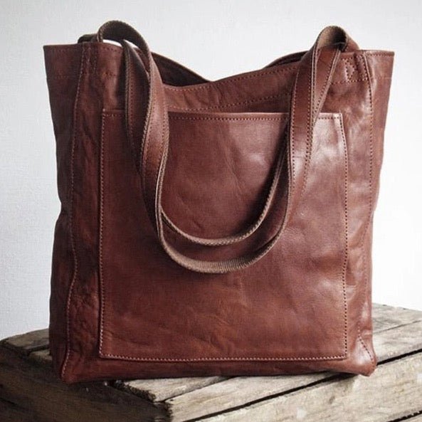 Leather Tote Bag with Front Pocket and Shoulder Straps
