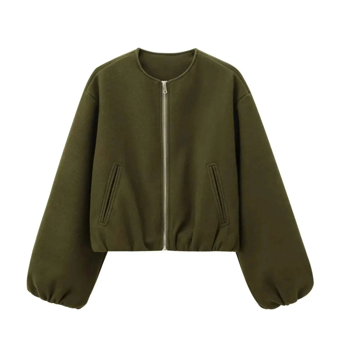 Wool Blend Bomber Jacket with Zip Front and Ribbed Cuffs