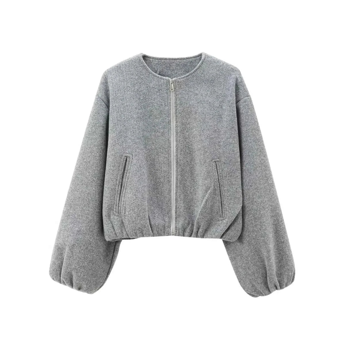 Wool Blend Bomber Jacket with Zip Front and Ribbed Cuffs