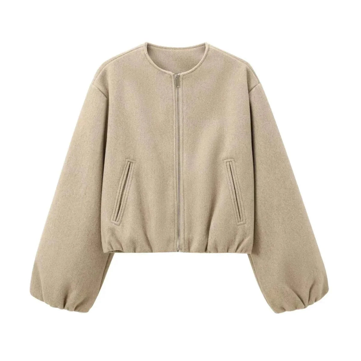 Wool Blend Bomber Jacket with Zip Front and Ribbed Cuffs