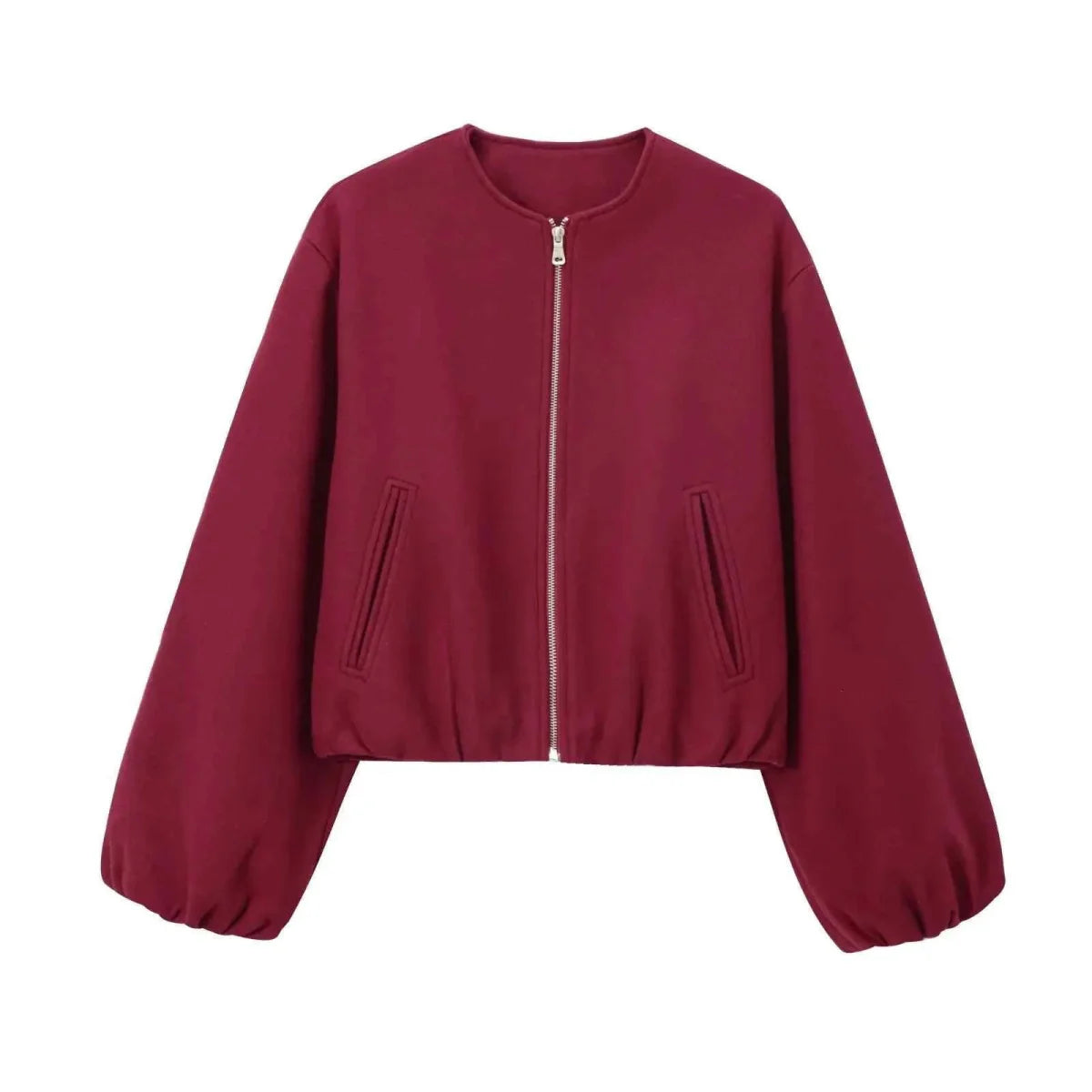 Wool Blend Bomber Jacket with Zip Front and Ribbed Cuffs