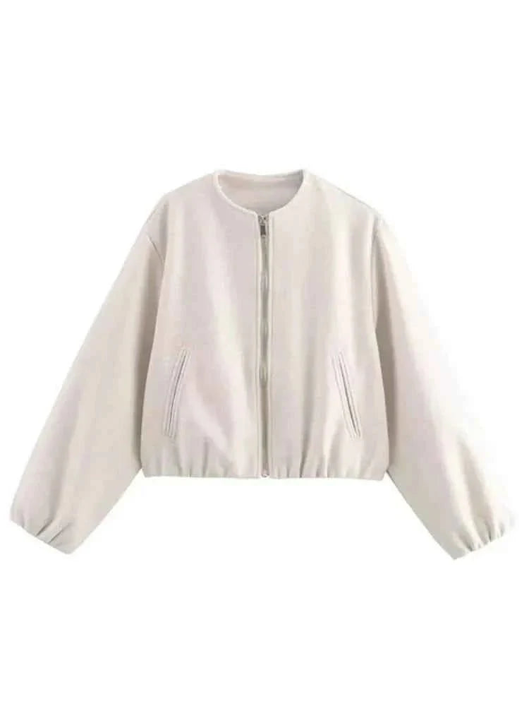 Wool Blend Bomber Jacket with Zip Front and Ribbed Cuffs