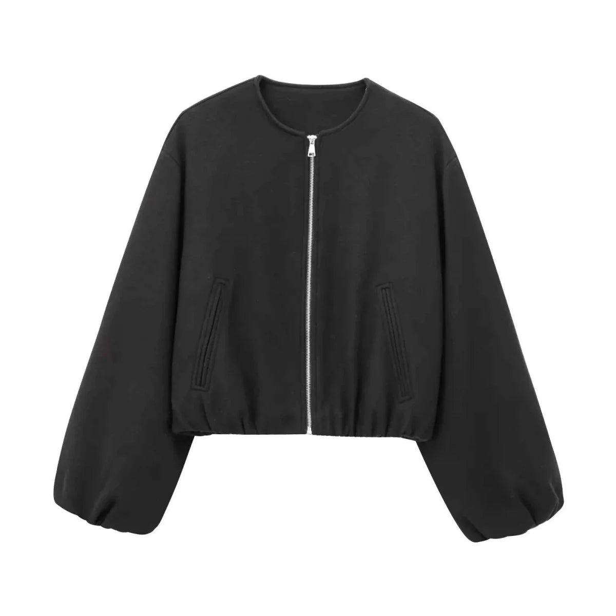 Wool Blend Bomber Jacket with Zip Front and Ribbed Cuffs
