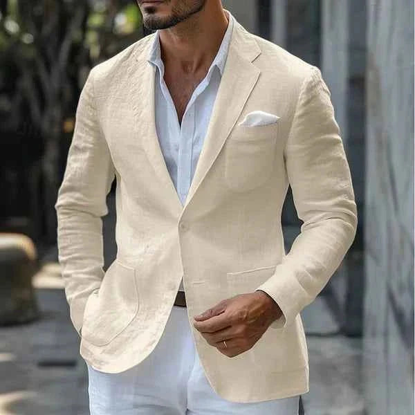 Linen Blazer with Notch Lapel and Patch Pockets