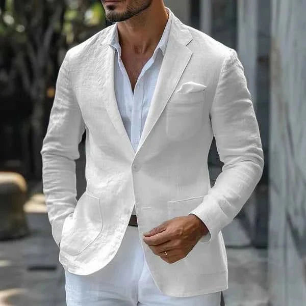 Linen Blazer with Notch Lapel and Patch Pockets
