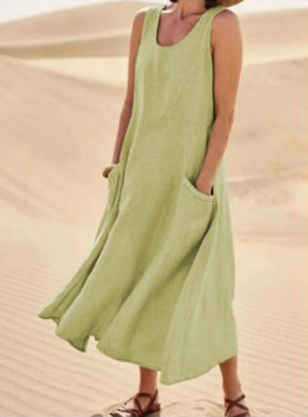 Sleeveless Midi Dress with Side Pockets and A-Line Fit