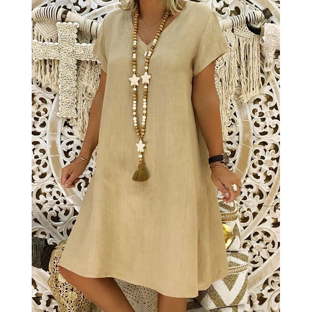Linen V-Neck A-Line Mini Dress with Short Sleeves