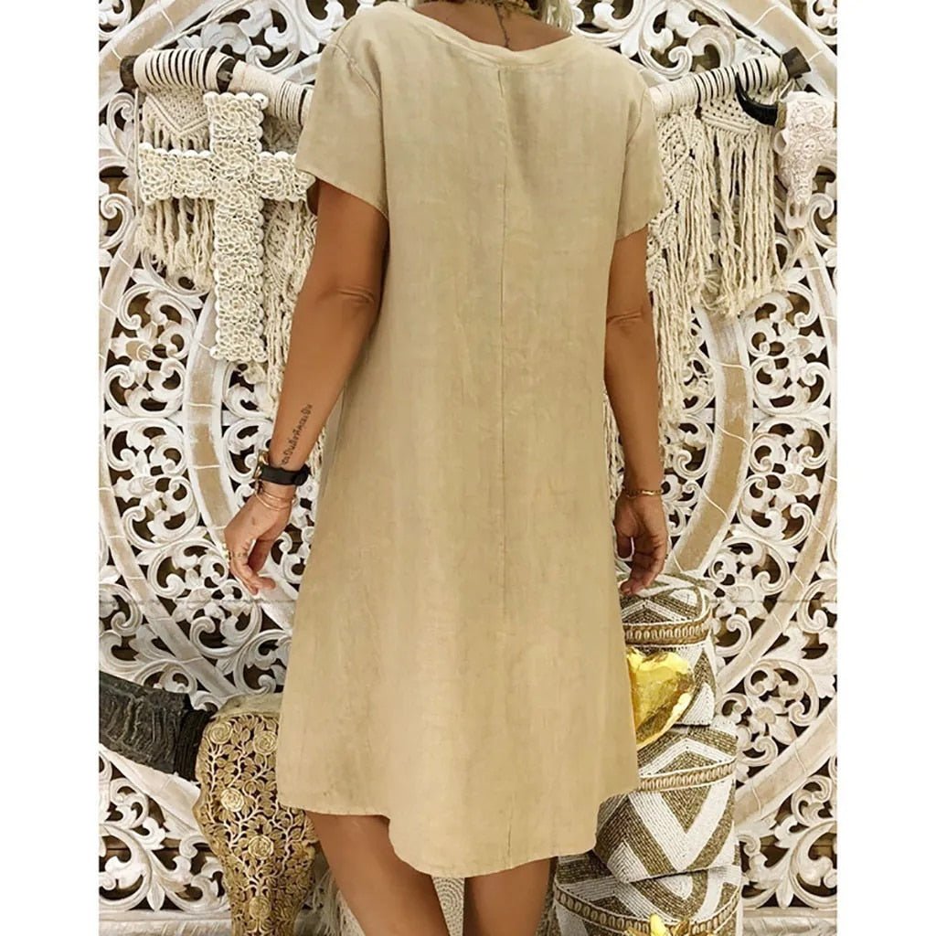Linen V-Neck A-Line Mini Dress with Short Sleeves