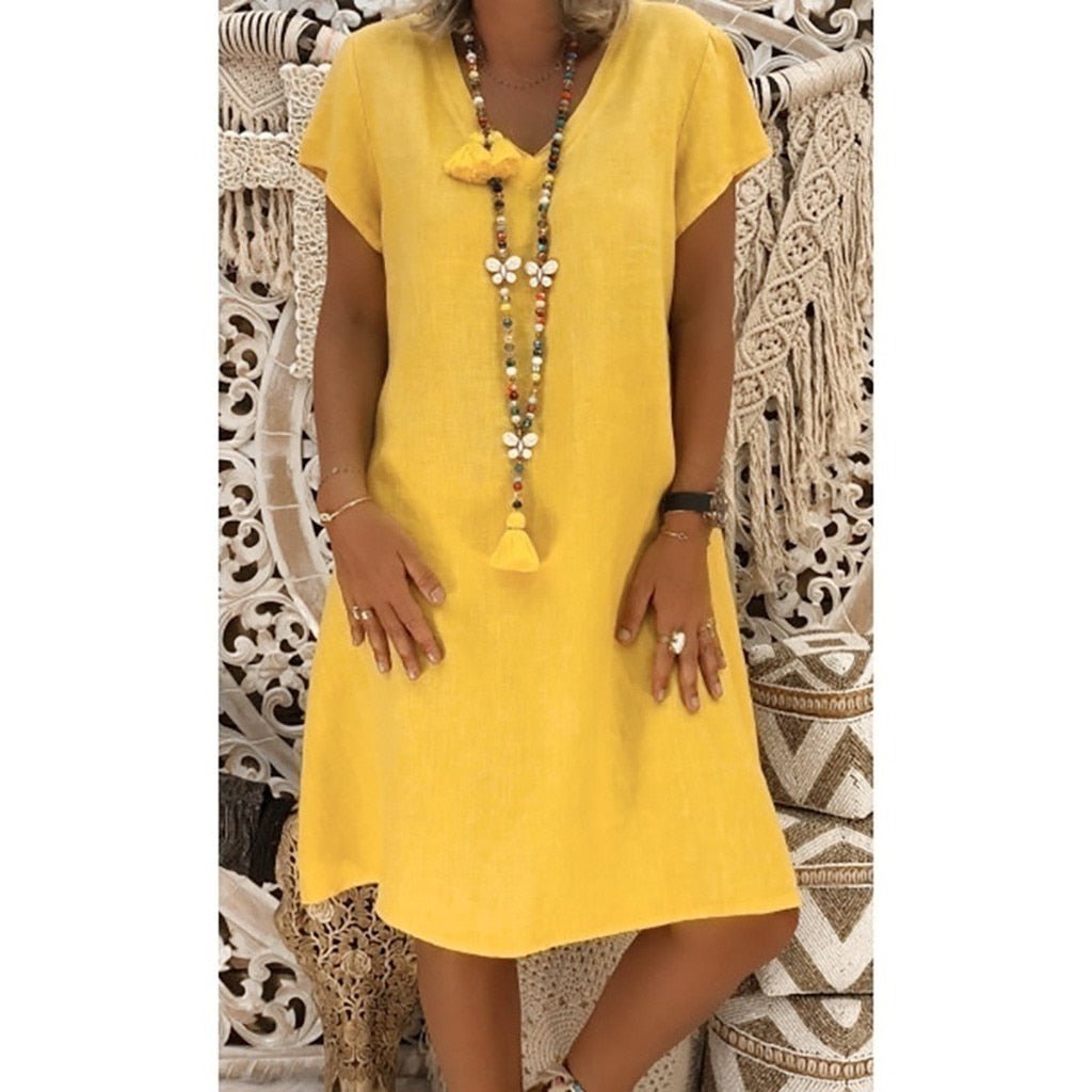 Linen V-Neck A-Line Mini Dress with Short Sleeves