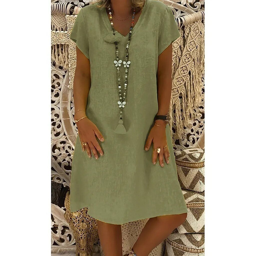 Linen V-Neck A-Line Mini Dress with Short Sleeves