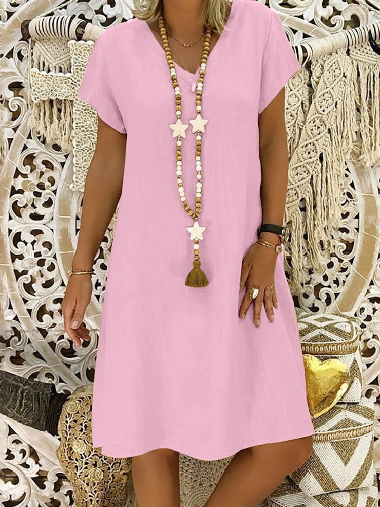 Linen V-Neck A-Line Mini Dress with Short Sleeves