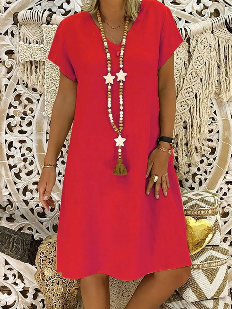 Linen V-Neck A-Line Mini Dress with Short Sleeves