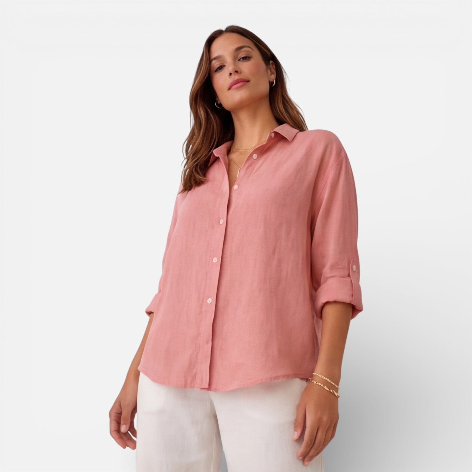 Linen Button-Up Shirt with Relaxed Fit and Roll-Up Sleeves