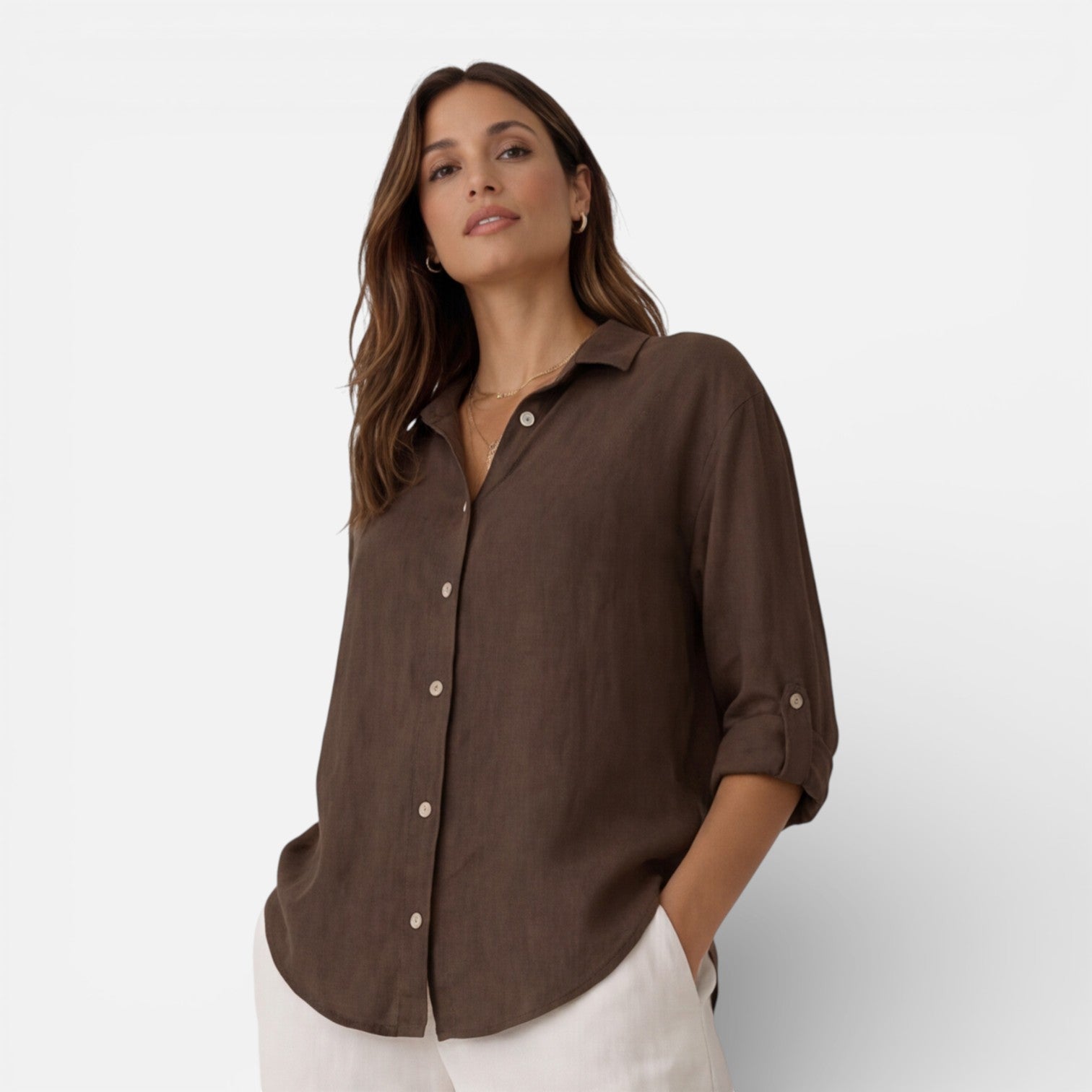 Linen Button-Up Shirt with Relaxed Fit and Roll-Up Sleeves