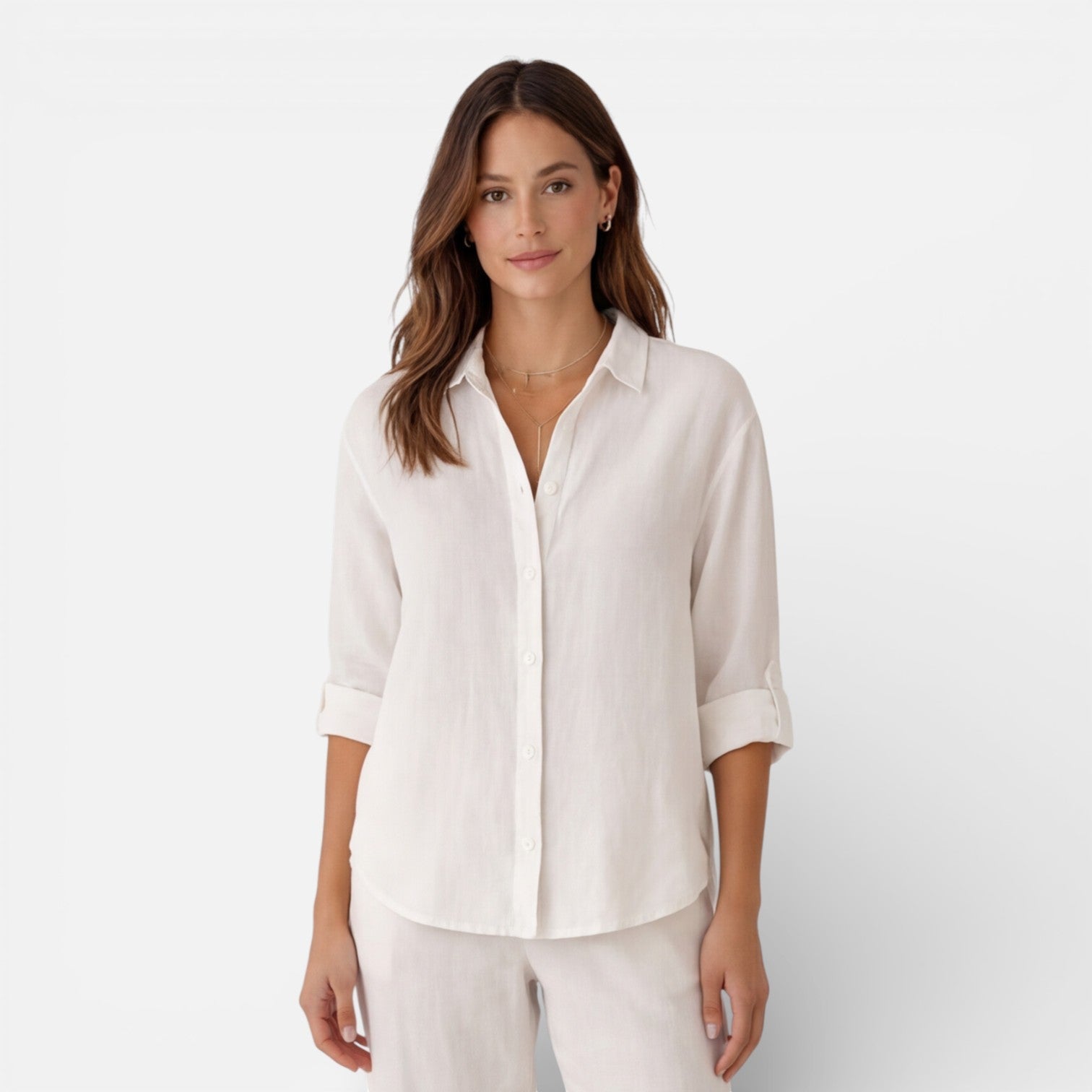 Linen Button-Up Shirt with Relaxed Fit and Roll-Up Sleeves