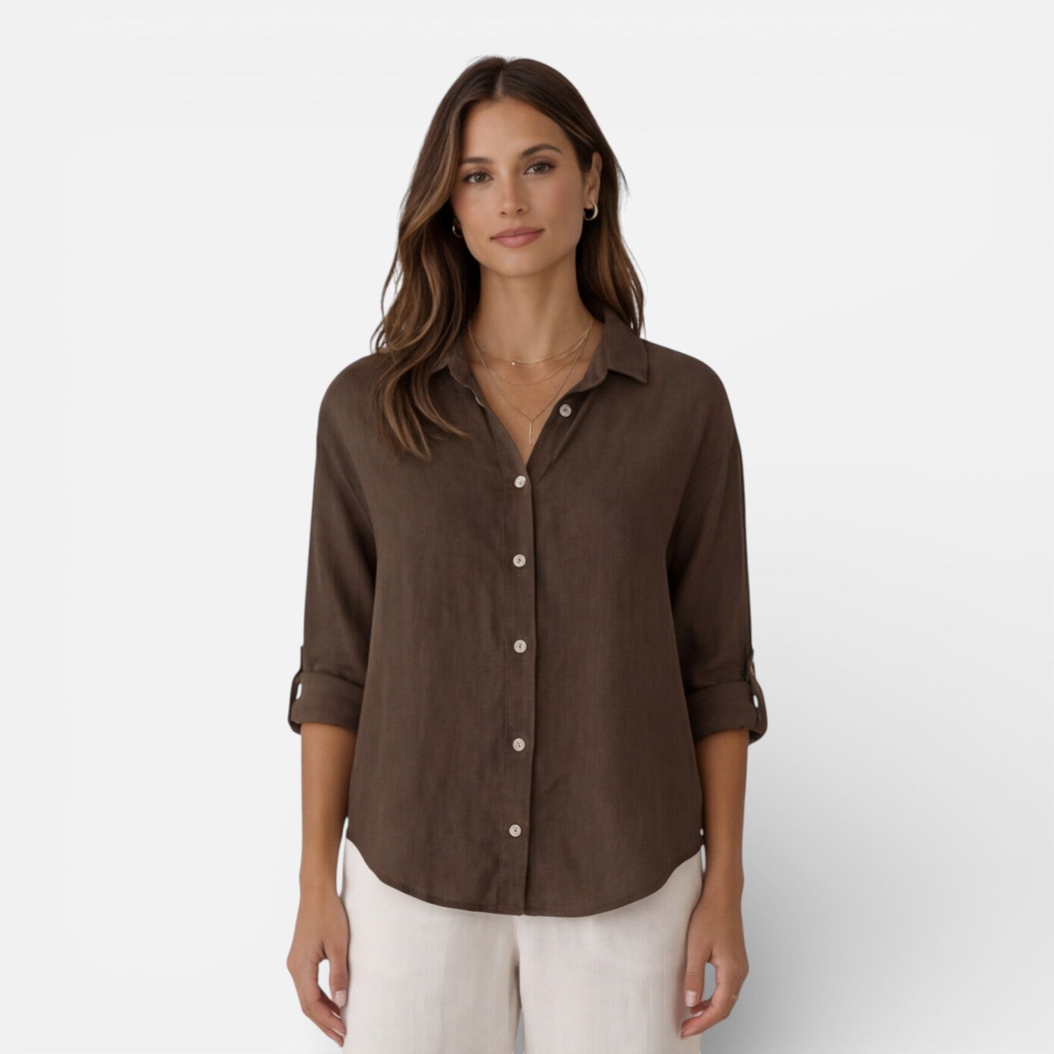 Linen Button-Up Shirt with Relaxed Fit and Roll-Up Sleeves