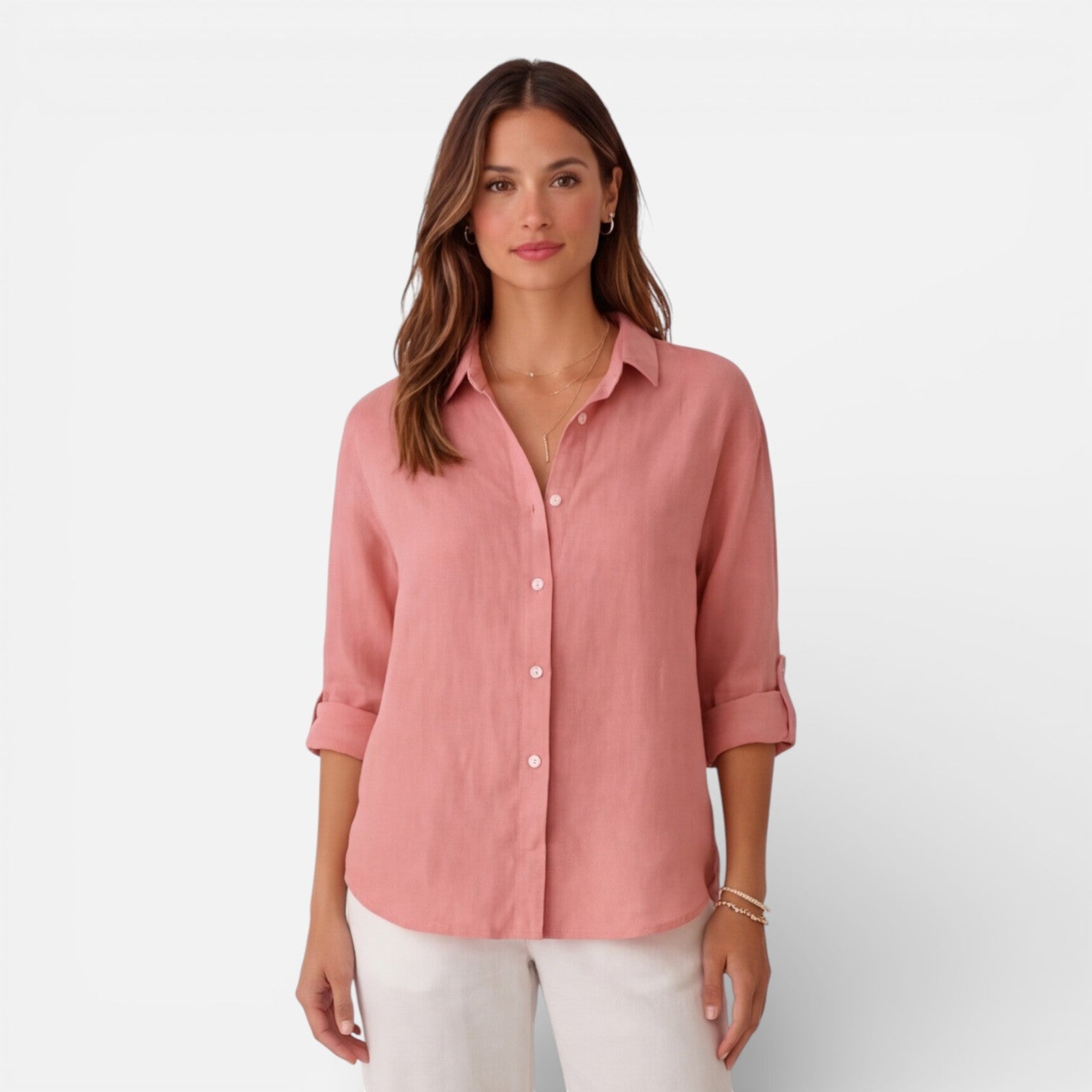 Linen Button-Up Shirt with Relaxed Fit and Roll-Up Sleeves