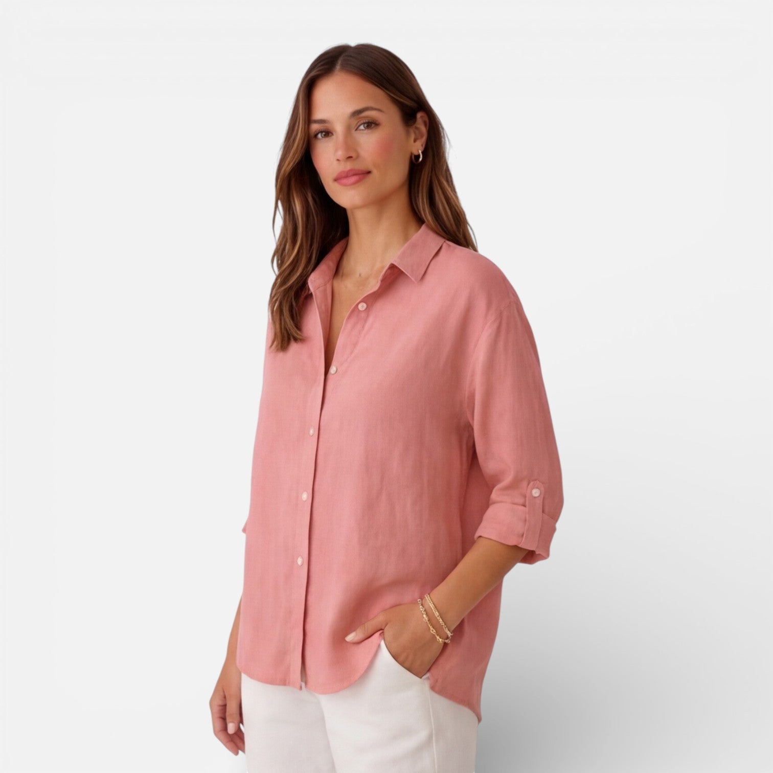 Linen Button-Up Shirt with Relaxed Fit and Roll-Up Sleeves