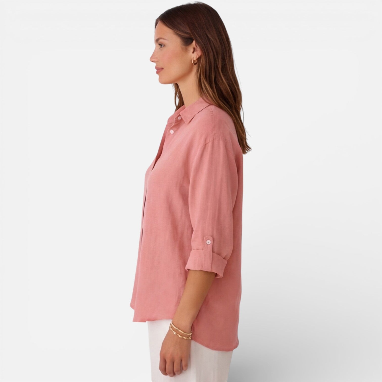Linen Button-Up Shirt with Relaxed Fit and Roll-Up Sleeves