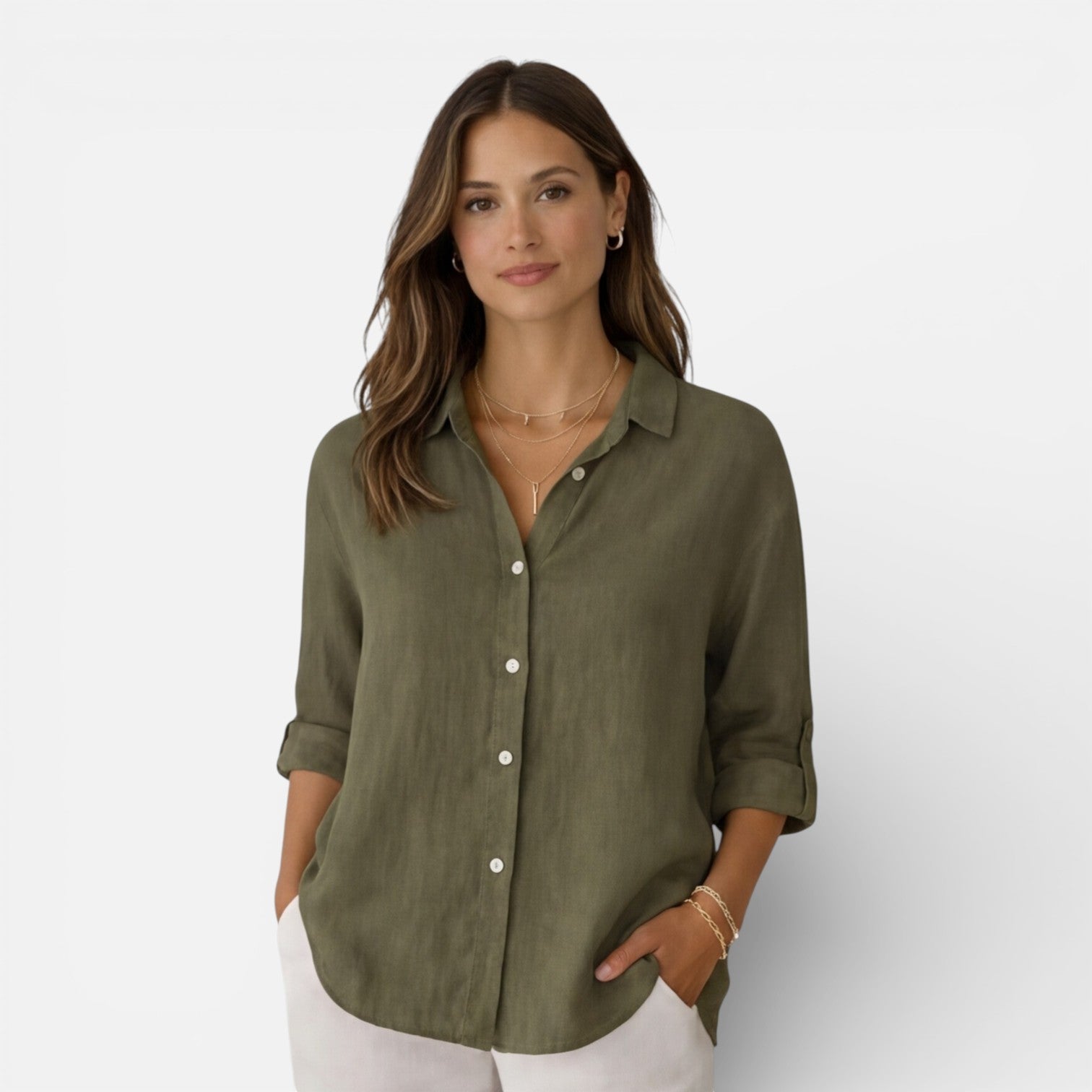 Linen Button-Up Shirt with Relaxed Fit and Roll-Up Sleeves