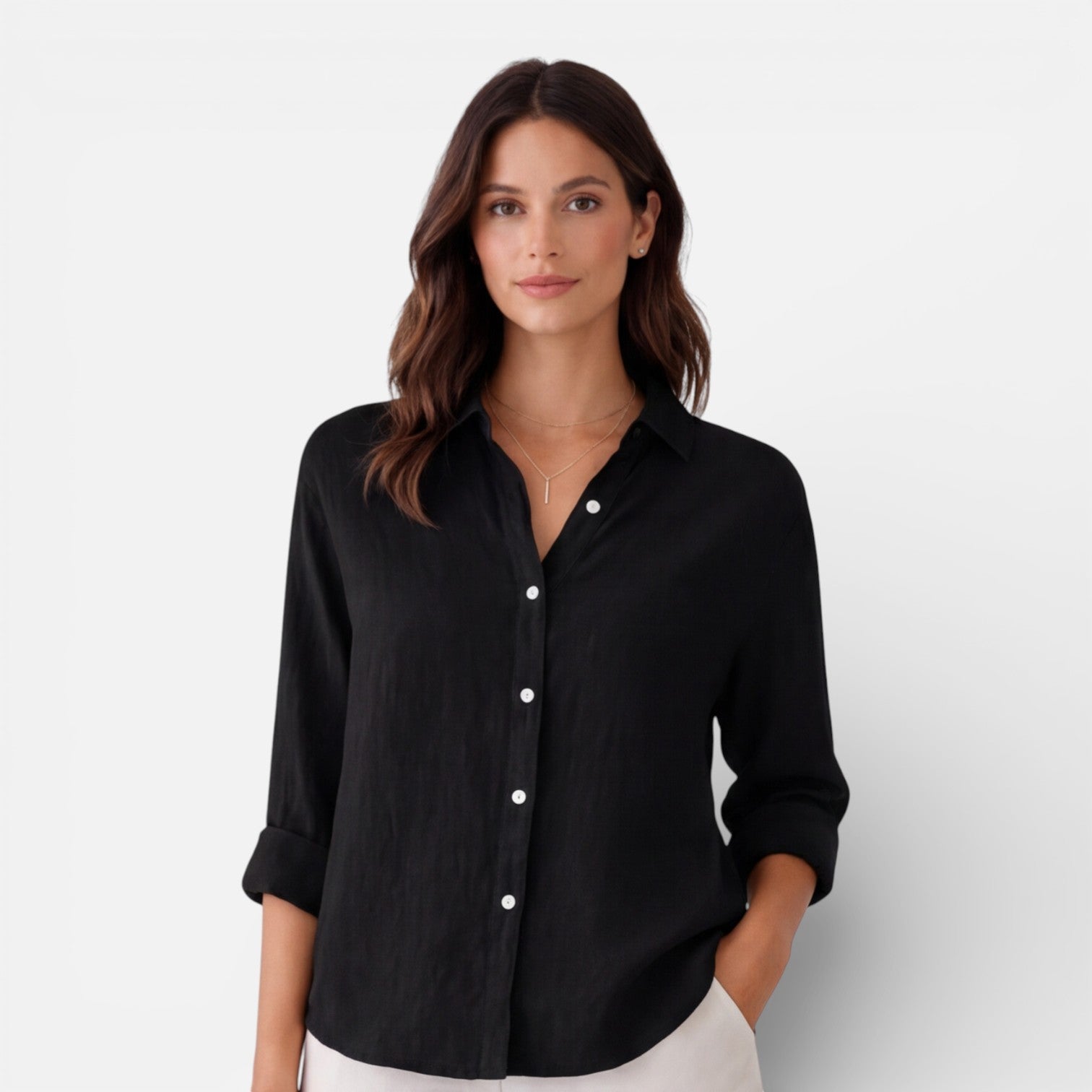 Linen Button-Up Shirt with Relaxed Fit and Roll-Up Sleeves