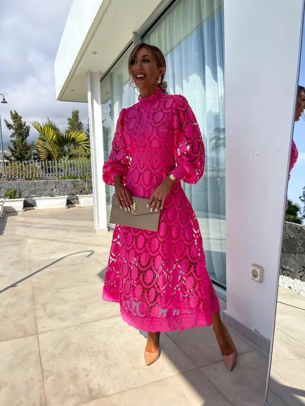 Women's Lace Midi Dress with Long Sleeves