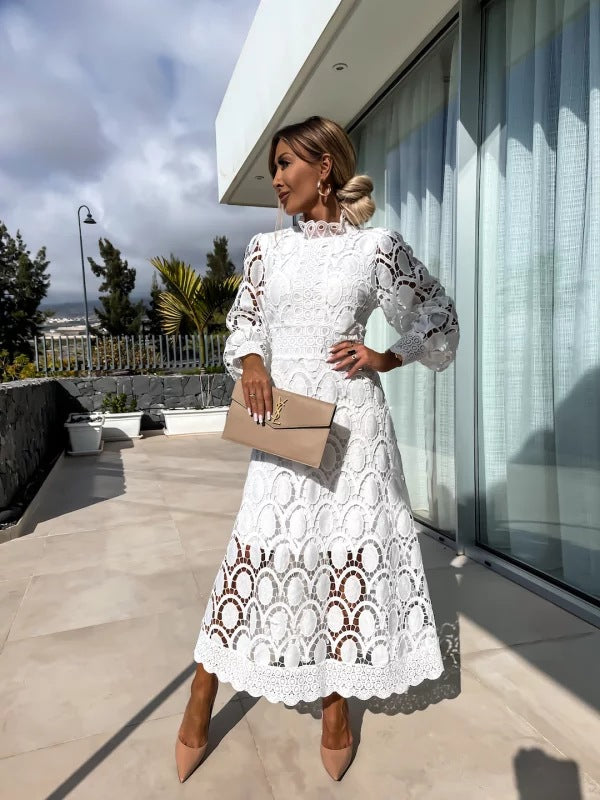 Women's Lace Midi Dress with Long Sleeves