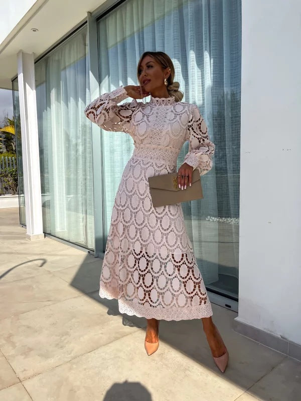 Women's Lace Midi Dress with Long Sleeves