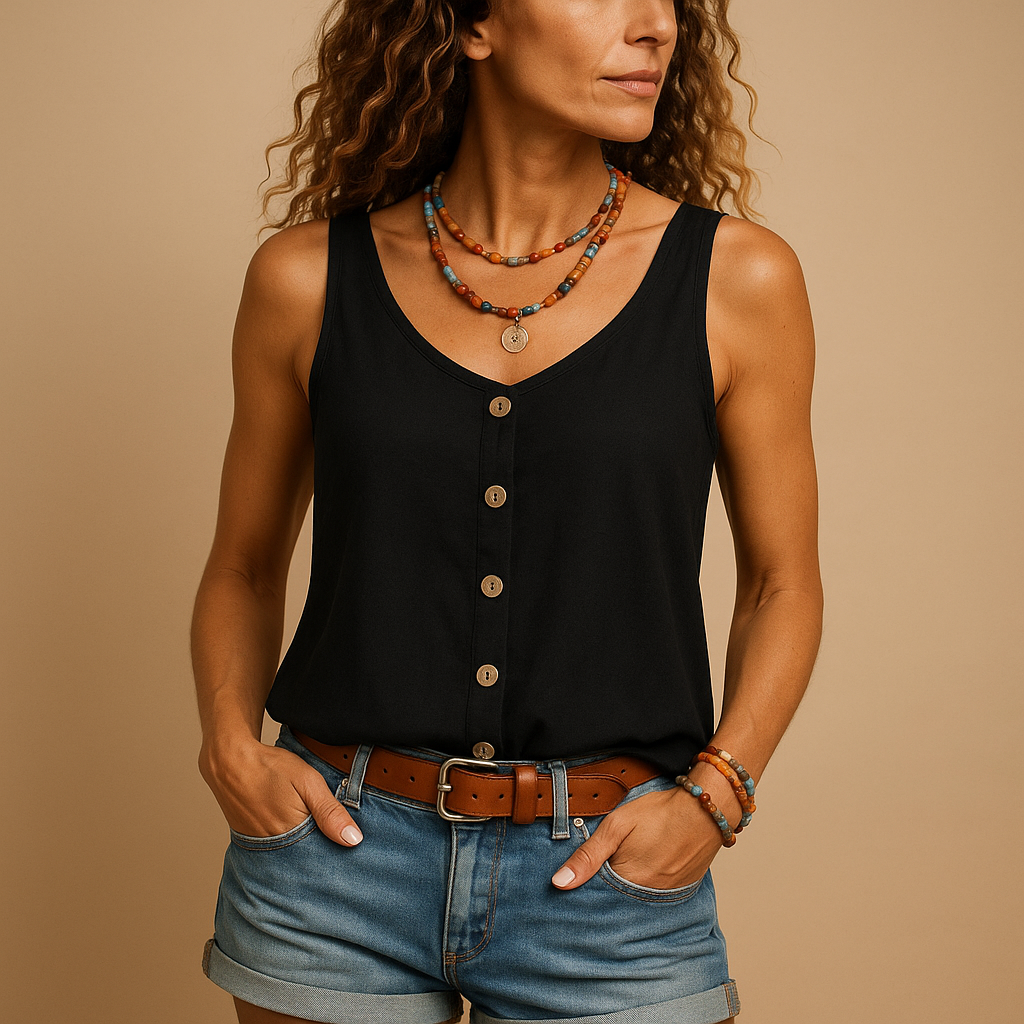 Button-Front Tank Top with Scoop Neck